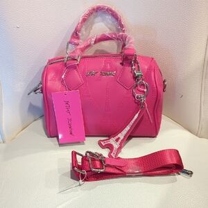 Betsey Johnson Vibrant Pink Satchel with Eiffel Tower Charm